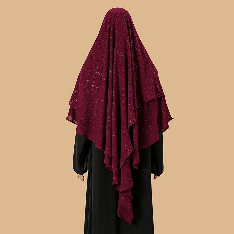 2025 Shimmer Eid Djellaba Vrouwen Moslim Gebed Kledingstuk Hijab Composiet Zijde Chiffon Chador Effen Overhead 2 Lagen Dame Khimar