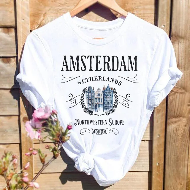 

Простая повседневная футболка из полиэстера с акварельным принтом и короткими рукавами, новая футболка с модным узором, женская футболка с круглым вырезом