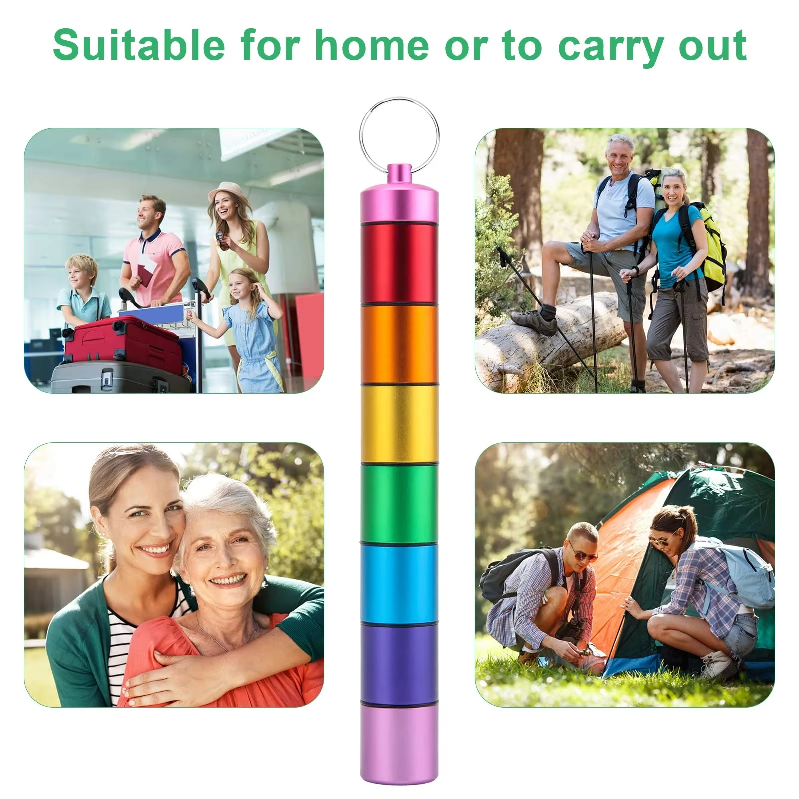 علبة حبوب منع الحمل الصغيرة المحمولة سلسلة المفاتيح حامل حبوب معدنية مقاومة للماء أنبوب مع 7 مقصورات لمنظم حبوب الدواء الصغيرة في حالات الطوارئ