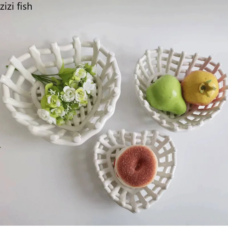 Ceramic Hand-woven Basket Fruit Plate Snack Box Candy Plate Organize Trays Storage Jar Organizer Storage Tube Storage Basket