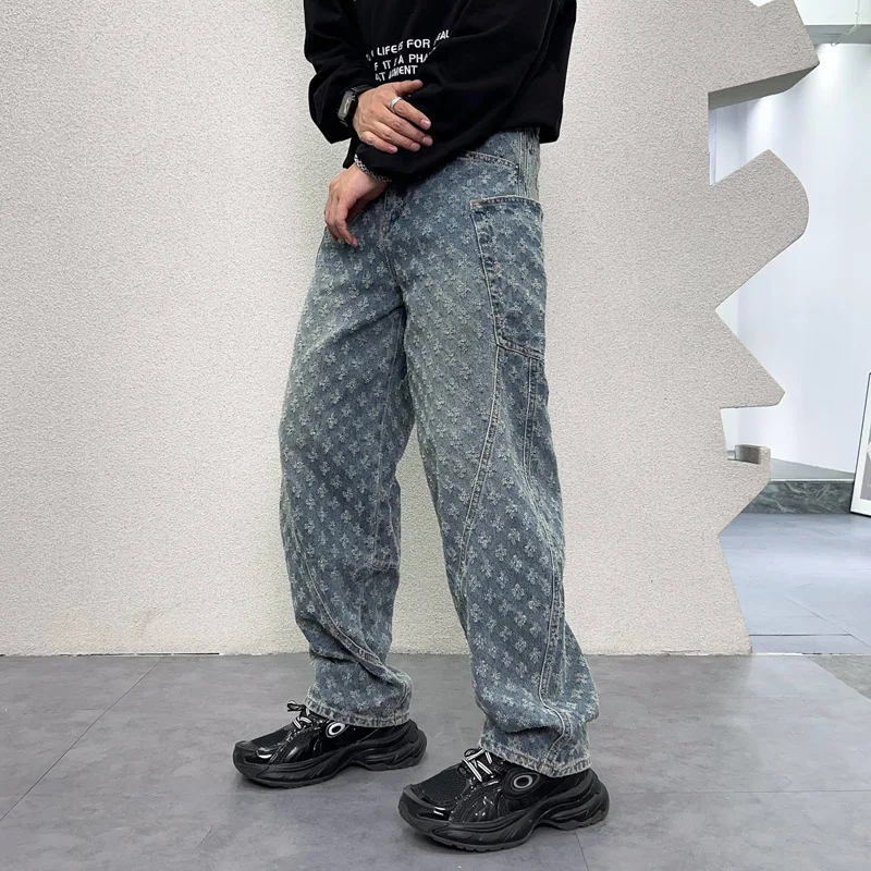 

2024 New High-End and Fashionable Embroidered Jeans Men's Retro Washed Wide Leg Straight Loose Hip Hop Trendy Denim Pants