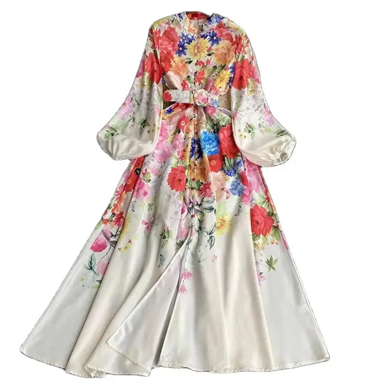 Printed Long Sleeved Maxi Dress 2024 Spring Autumn Women Fashion Elegant Belted Retro Single Breasted Female Vestidos Z4884