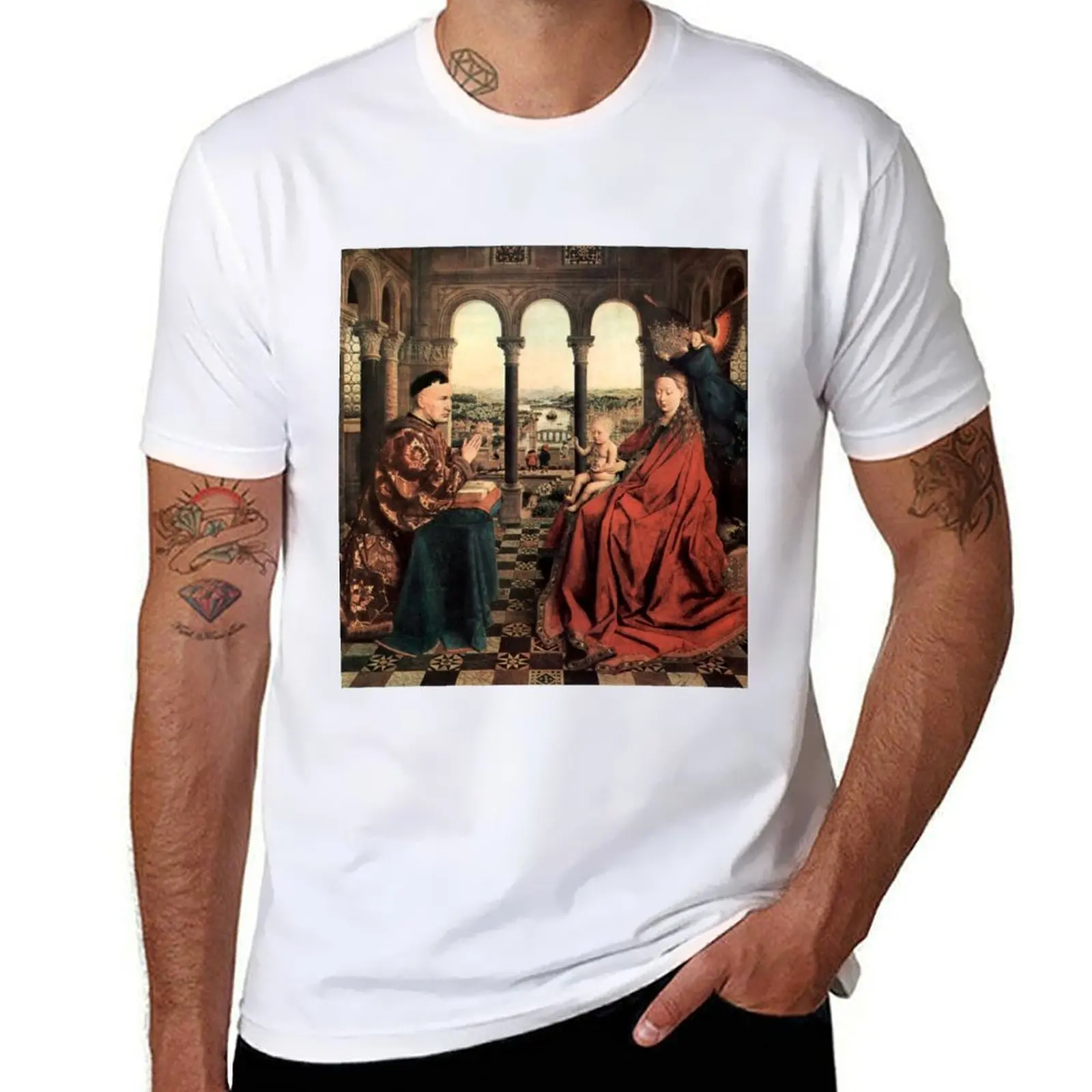 

Blessed Mary: Madonna of Chancellor Rolin, Jan van Eyck T-Shirt t shirts for man graphic vintage t shirt man plain T-Shirt