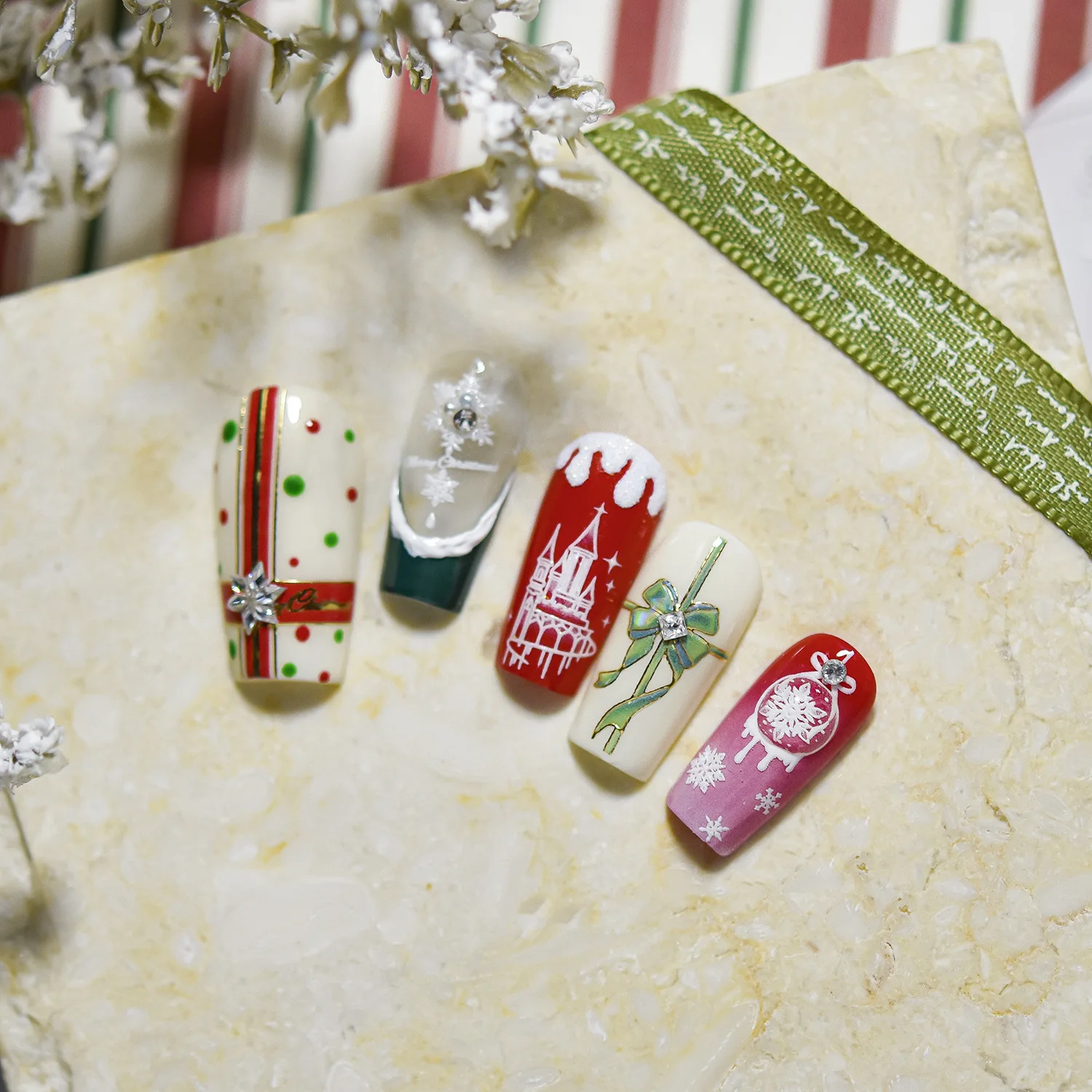 3D Merry Christmas Red Green Gift Bowknot Snowflake Castle High Quality Adhesive Nail Art Stickers Nail Art Decoration T-5354