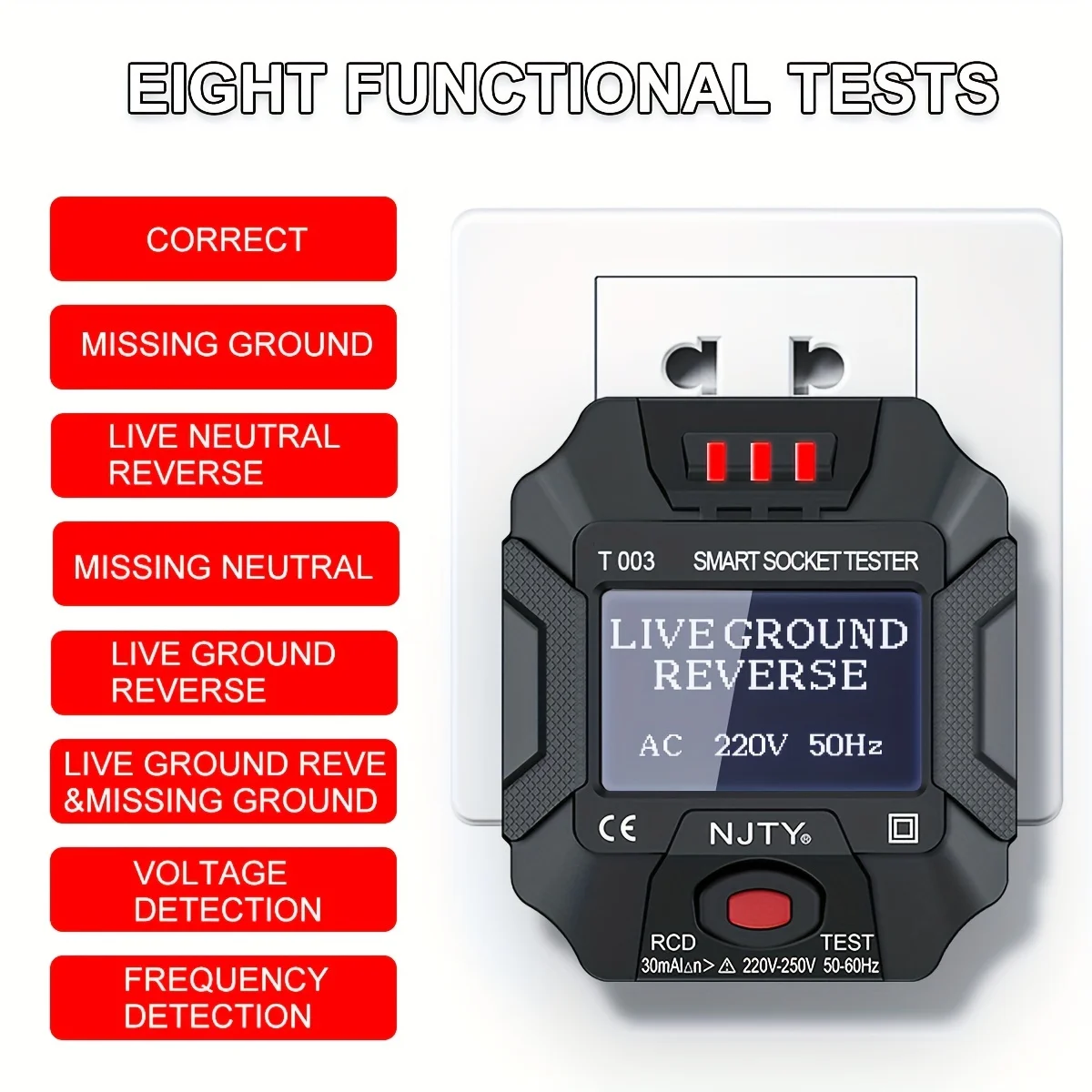 NJTY Socket Tester Voltage Test Outlet Detector EU UK US Plug Ground Zero Line Plug Polarity Phase Check Digital AC Voltage Test