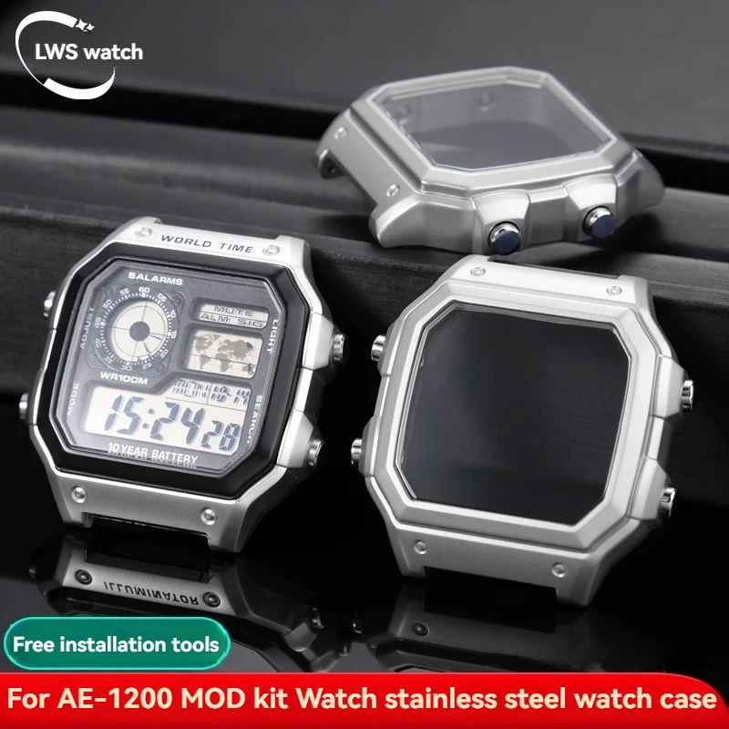 Mod Kit All Metal for Casio 3299 AE1200 Case AE-1200 AE-1200WH AE1300 Bezel Glass Stainless Steel Shell Watch Chain Strap Case