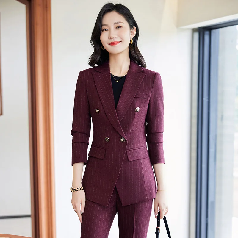 

2024Spring and Autumn New Striped Wine Red Long Sleeve Small Suit Collar Jacket Women's Pants Two-Piece Suit Professional