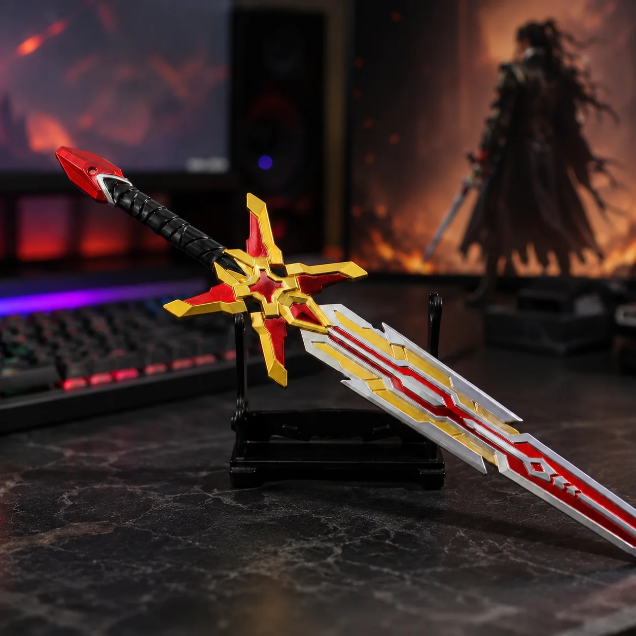 25cm NARAKA BLADEPOINT God of War Flame Sword Weapons Model Game Collectible Toy swords Cosplay Prop Desktop Ornament Fan Gifts