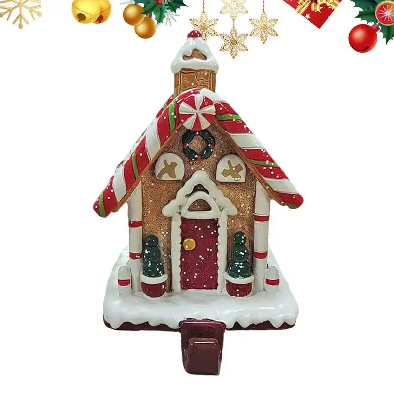 Christmas Gingerbread House Stocking Holder Resin Xmas Stocking Hangers Cartoon Holiday Party Decoration for Mantel Entrance