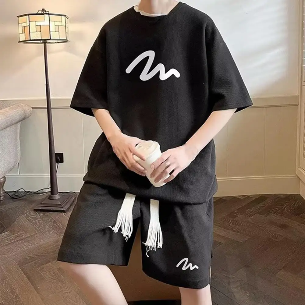 Oversized Tracksuit Waffle Handsome Two-piece Set Summer Men Suit Tops Wide Leg Shorts Short-sleeved Shirt+Letter Shorts Suit