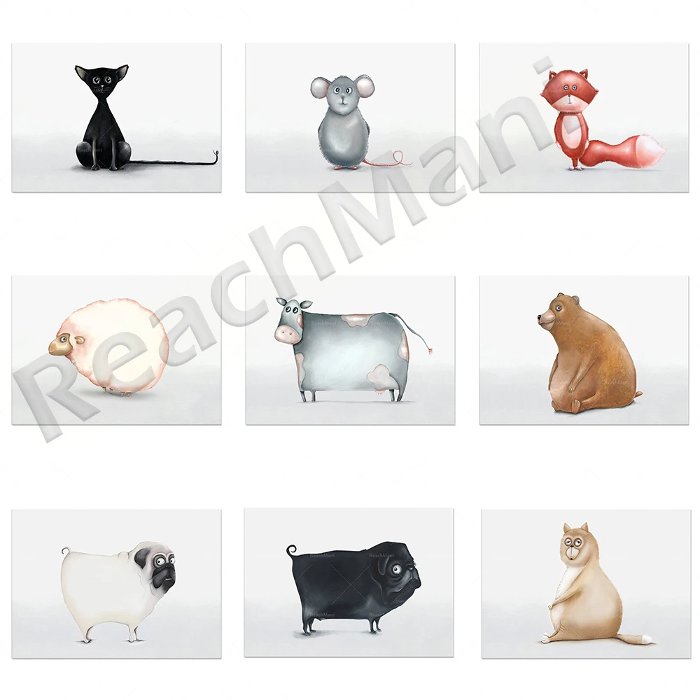 Póster de animales, oso, gato negro, dachshund, pug, bulldog francés, cocodrilo, vaca, estampado de animales, decoración de pared para habitación de bebé