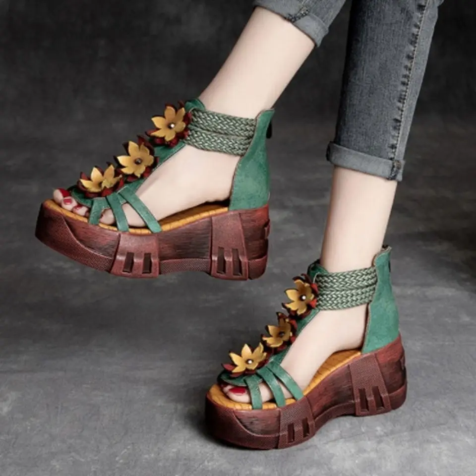 2024 Summer Sandals High Quality Women's Leather Retro Thick Sole National Fashion Outdoor Comfortable Casual Sandals