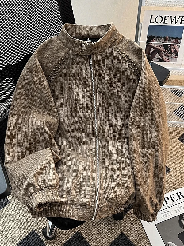 

Мужская элегантная шерстяная куртка в стиле ретро в американском стиле с шипами, весенне-осенняя уличная одежда в полоску с воротником-стойкой, верхняя одежда