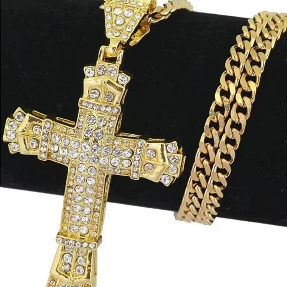1 Simple Style MEN'S Rhinestone Christian Cross Rhinestone Pendant Necklace Personality Fashion Street Domineering Chain Jewelry
