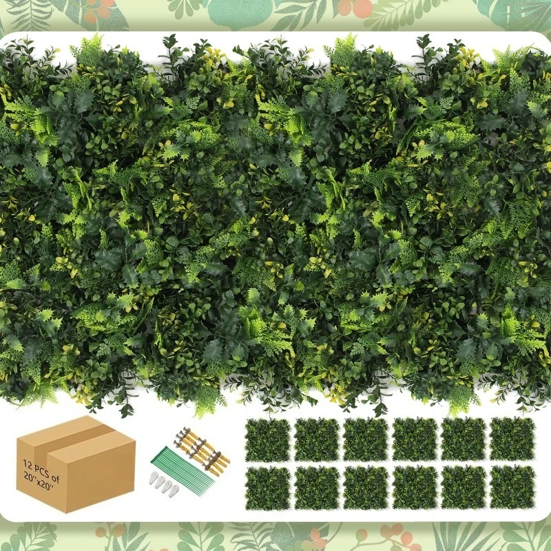 

12PCS 20"x20" Artificial Plant Wall Panels, Foliage Topiary Hedges Panels, Plastic Faux Shrubs Fence Mat, Greenery Wall Backdrop