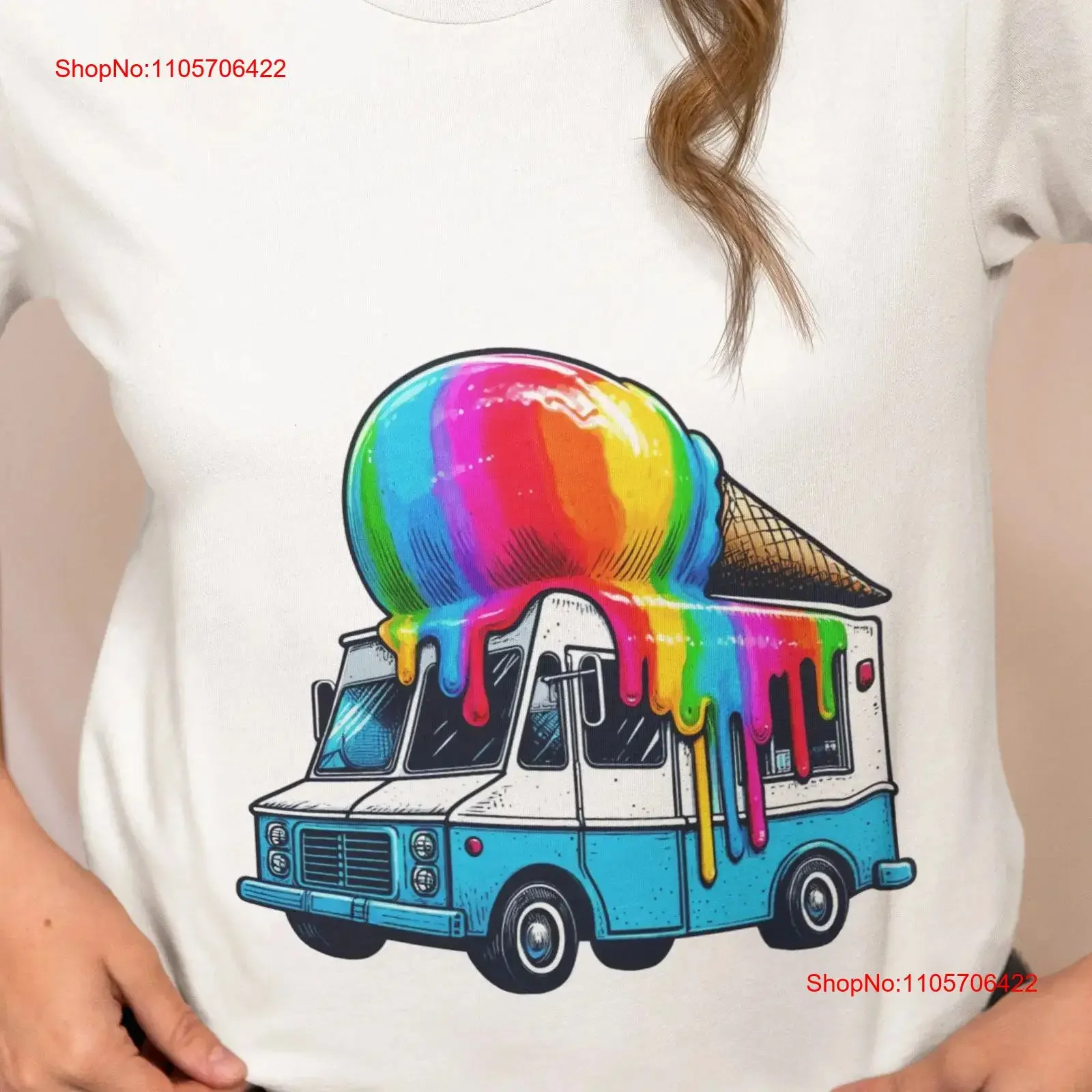 T Shirt with Vibrant Melting Rainbow Ice Cream Cone on Truck Fun Summer Wear for Lovers Top Idea vintage Washed fashion graphic