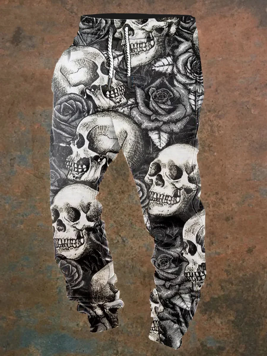 Men's casual jogging pants with drawstrings and Halloween skull prints, suitable for outdoor wear, autumn and winter fashion view 4