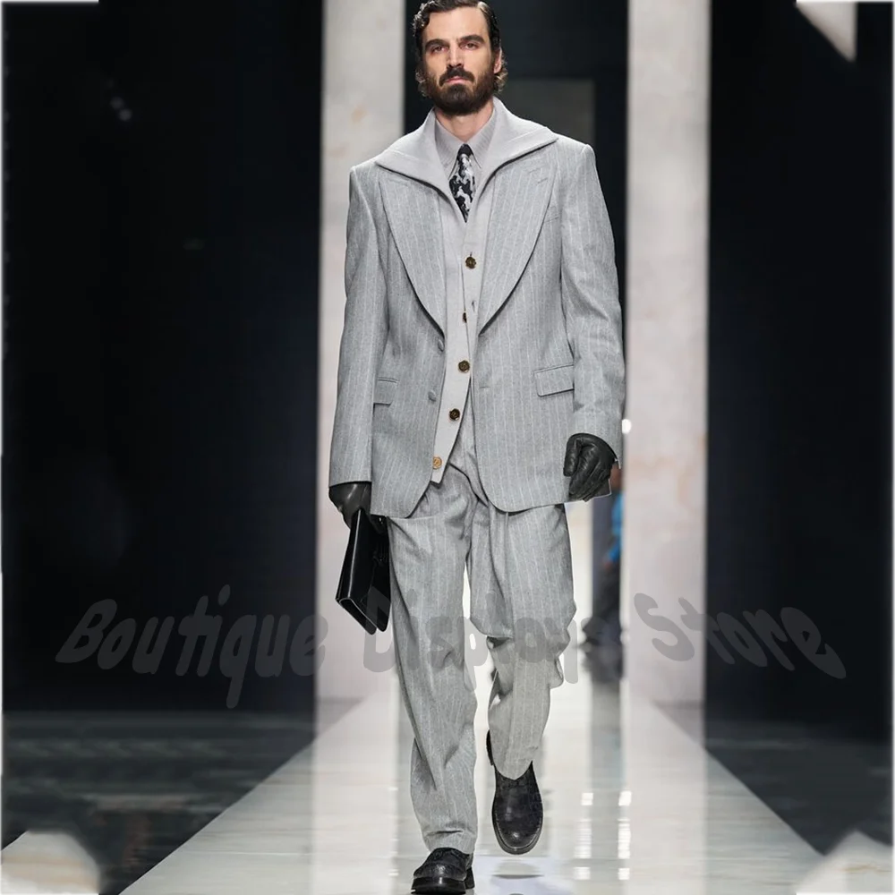 

Light Grey Striped Men Suit 2 Piece Set Wide Peaked Lapel Single Breasted Straight Fit Outfit Fashion Party Casual Streetwear