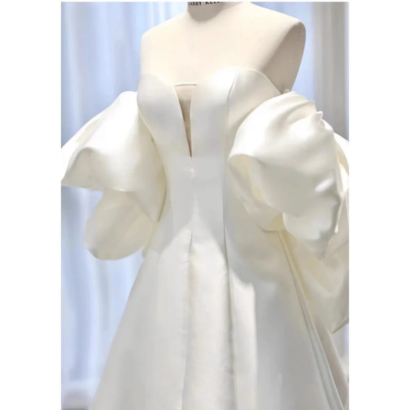 White French Style High-End Dress Off-Shoulder Puff Sleeve Light Main Wedding Dress New Bride Exit Veil Reception