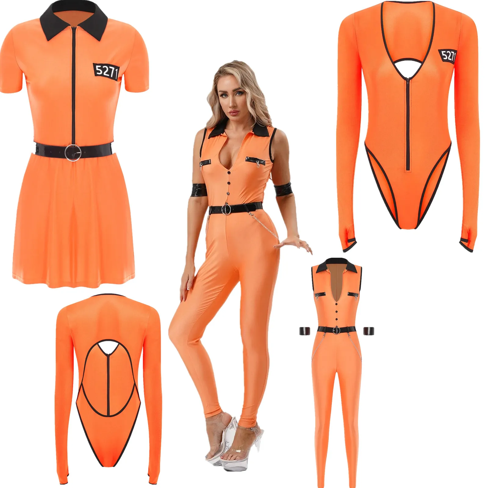 

Women Halloween Prison Cosplay Theme Party Outfits Rave Party Clubwear Deep V-Neck Sleeveless Prisoner Jumpsuit with Belt Cuffs