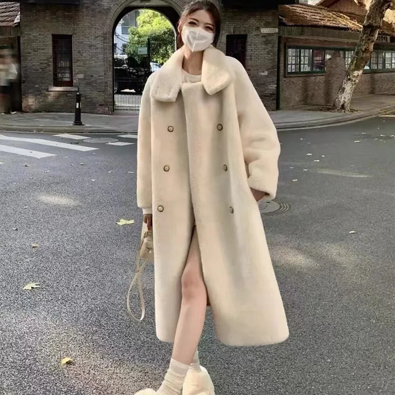 Luxury Aesthetic Wool Long Jacket Women Winter Warm Faux Fur Coat Thick Windbreaker Stand Collar All-match Brand Fur Overcoat