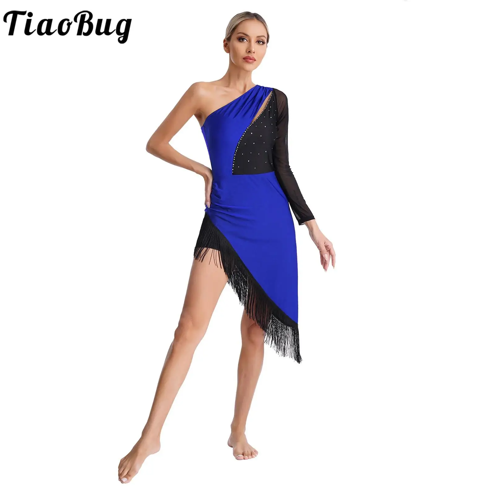 

Women's One Sleeve Leotard Latin Dance Dress Asymmetrical Hem Tassel Bodysuit Dress Lyrical Ballroom Dance Performance Costume