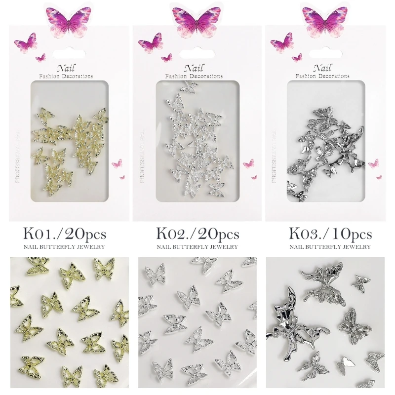 E1YE 20 piezas lindo mariposa accesorios decoración uñas para amantes del arte uñas DIY