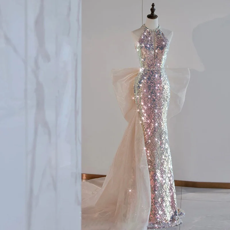 Vestido de fiesta de noche Vintage para mujer, falda de cola de pez con lentejuelas y decoración de lazo de perlas, sin espalda, sin mangas