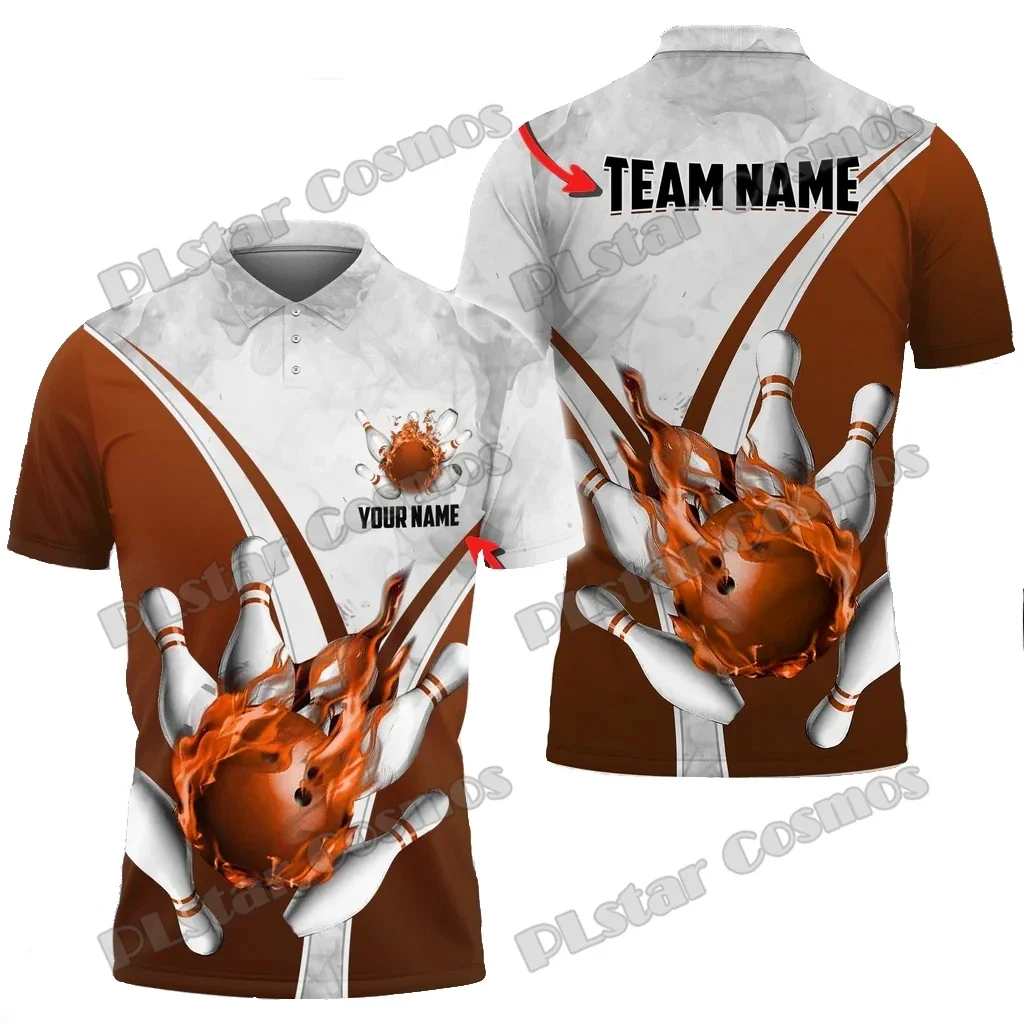 Flame Bowling And Pins Multicolor Customized Name 3D Printed Men's Polo Shirts Summer Casual Unisex Premium Polo Shirt PLP68