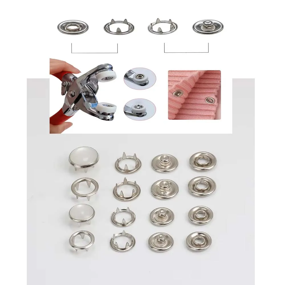 100Set 8mm white pearl prong Snap Button Press Button Studs Fasteners Hollow Prong Ring for Clothes Garment Sewing Bags  +Tools