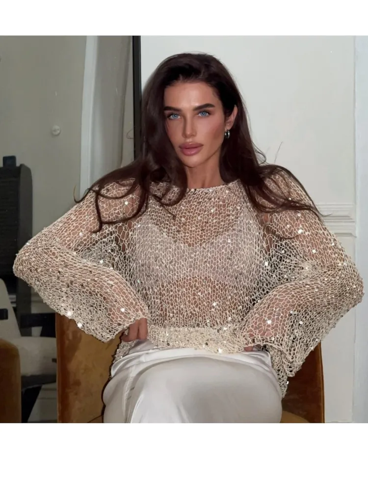 

Вязаный пуловер с блестками и круглым вырезом, весенне-осенний женский элегантный дизайн с длинными рукавами, топы, женская модная одежда для вечеринок