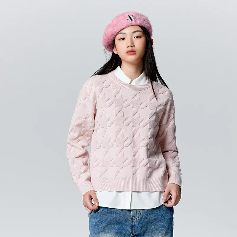 Semir Sweater Women Loose Fashion Temperament 2024 New Winter Thousand Bird Check Literary Pullover Sweater