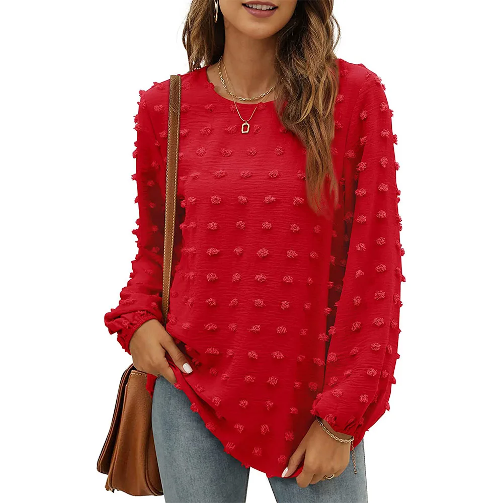 Women's Chiffon Blouses Long Sleeve Crewneck Tops Dressy Casual Loose Pompom Shirts