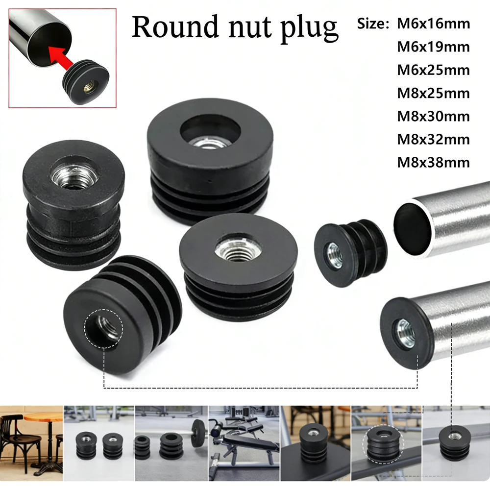 

4-16Pcs Black Round Plastic Tube Plugs, Adjustable Furniture Foot Pads with Nut Caps, Leg Covers and Protection,M6, M8