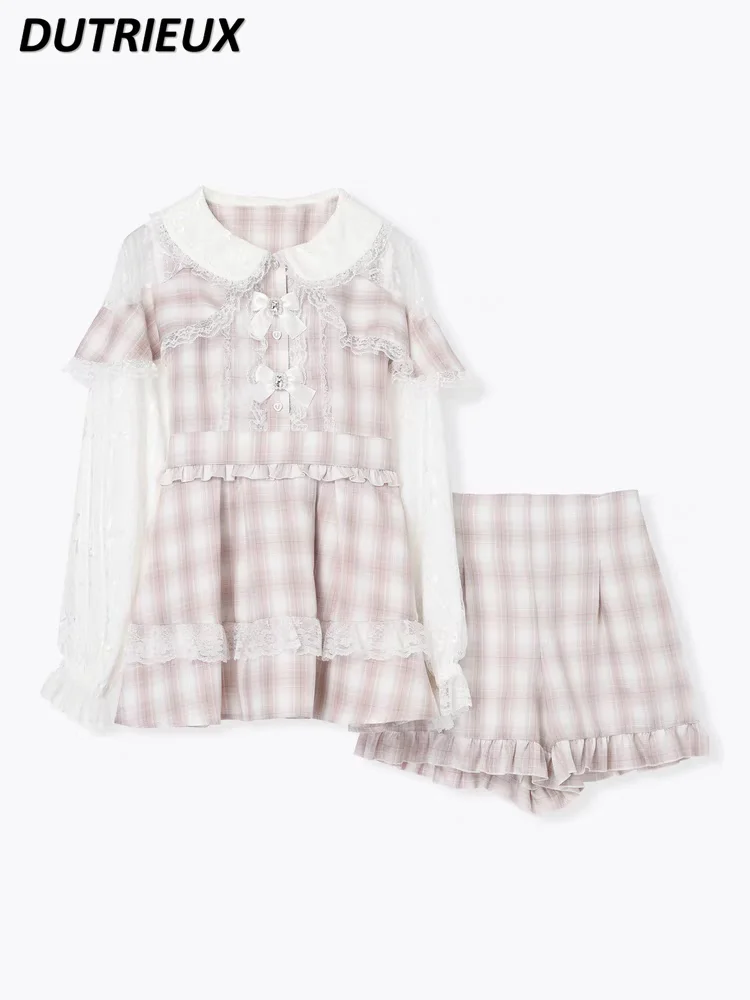 Japanese Style Autumn New Doll Collar Bow Long-sleeved Mesh Plaid Splicing Fake Two-piece Top and Leggings Two-piece Set