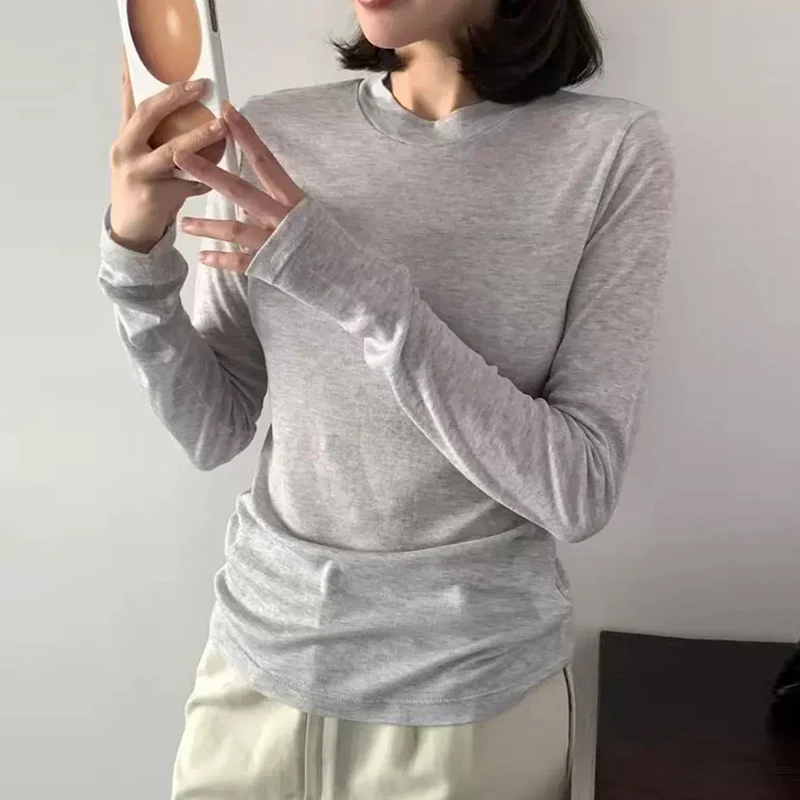Camiseta coreana Sle redonda Ne Long Sve, capa Base para mujer, Color puro, Top transparente Sexy ajustado para otoño, recién llegado