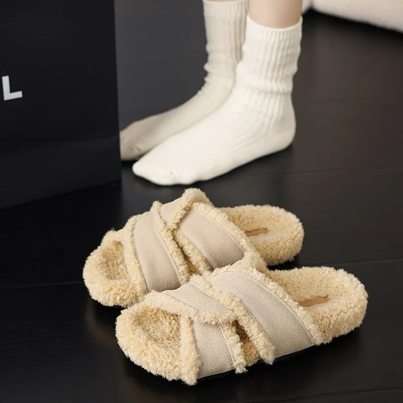 Senior Sense Fluffy Slippers Women Wear 2024 New Thickened Suede Flip-flops Autumn and Winter Warm Cotton