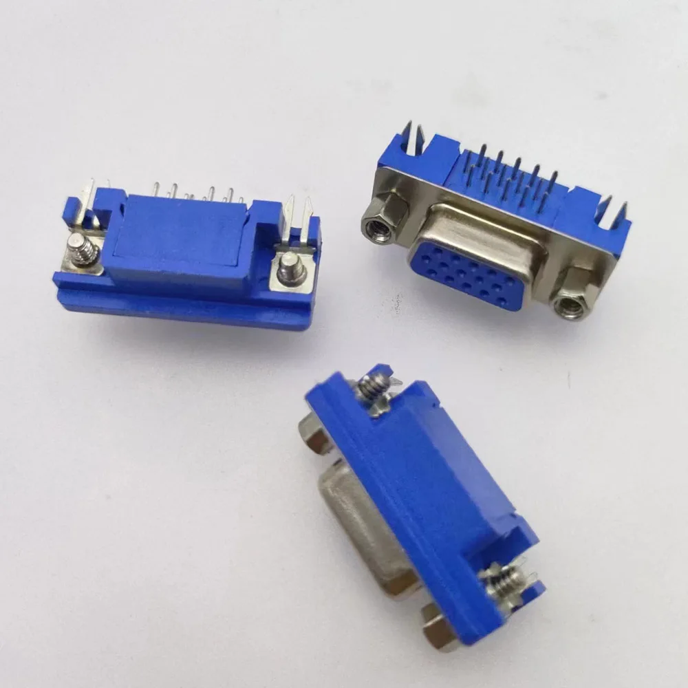 5/10PCS VGA Adapter 2-Port DB15 DR15 Receptacle 3 Rows Blue Parallel 90 Degree Curved Pin Solder Board 15 Way Female Connector