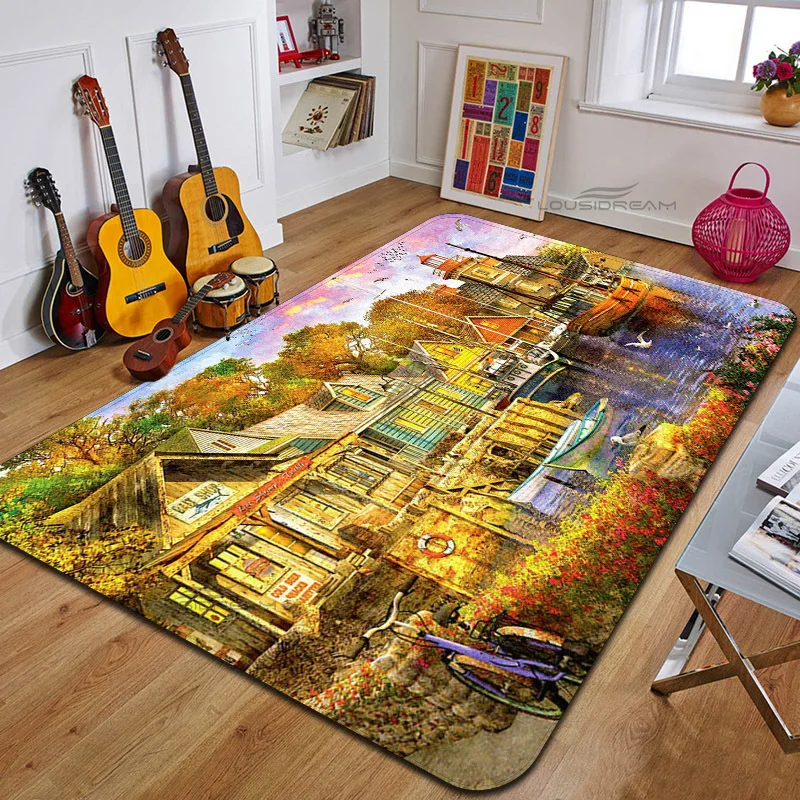 Riverside Boat Carpet Scenic Art Paintings of Coastal Towns Bedroom Floor Pad Can Customize Rug Living Room Cushion Door Pad