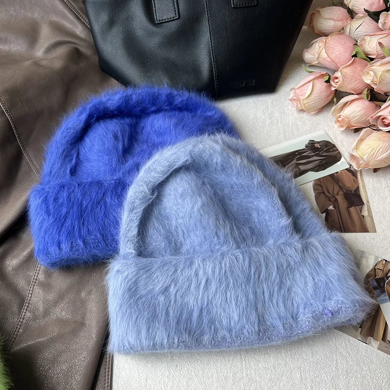 2023 neue Mode Kaninchen Fell Y2k Mützen für Frauen Weiche Warme Flauschigen Angola Winter Hut Weibliche Winddicht Motorhaube Hut Skullies Kappe – Detail 30