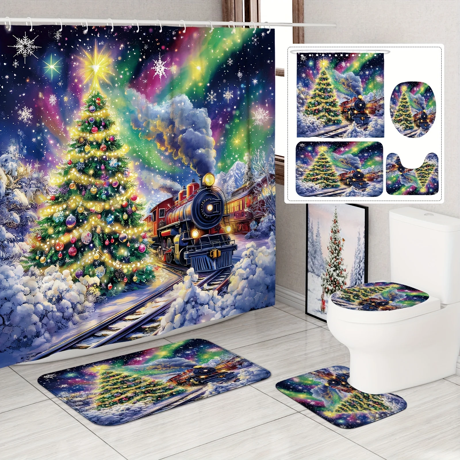 4Pcs Christmas Tree Snowflake Forest Shower Curtain Set,Green Winter Scene Polyester with 12 Hooks,Non-slip Mat & Toilet Lid Pad