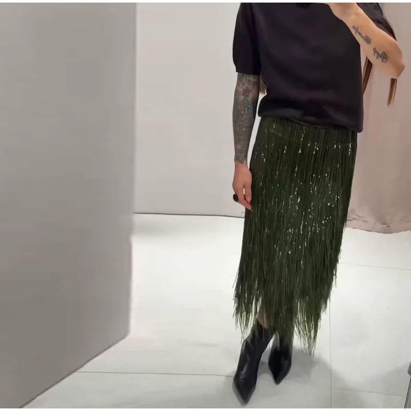 Women's Olive Green Sequin Fringe Midi Skirt Sparkly Tassel Party Skirt for Evening Clubwear 2025 Festival New Sexy Lady Skirts