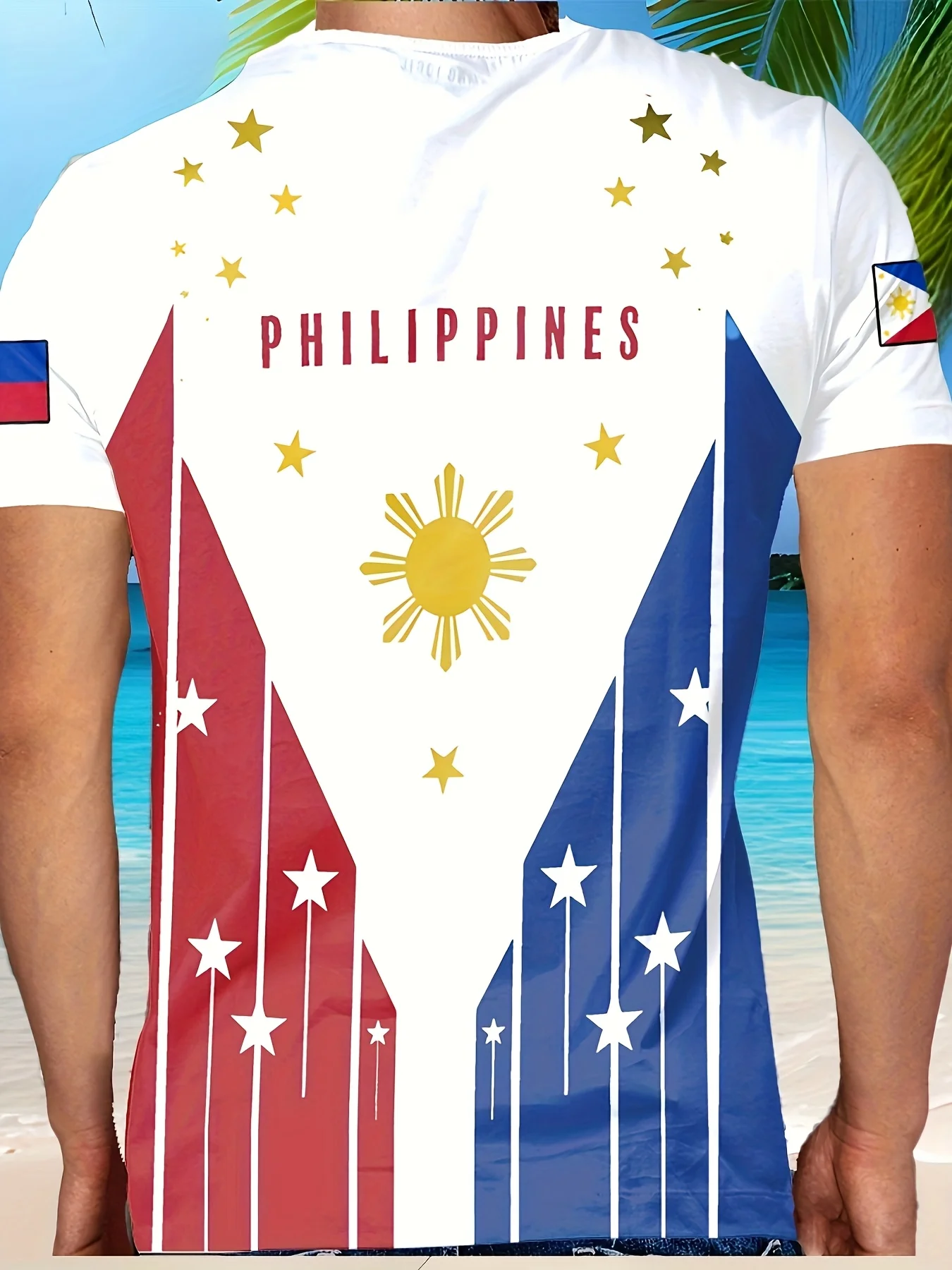 تي شيرت كاجوال بنمط "الفلبين" للرجال - تصميم مطبوع ثلاثي الأبعاد مع الشمس والنجوم، بأكمام قصيرة، ملابس شاطئ صيفية برقبة دائرية #2