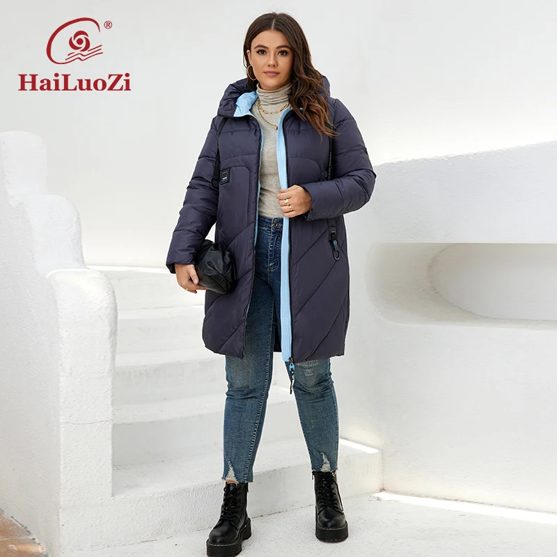 HaiLuoZi 2022 Winter Women\'s Jackets Thick Cotton Big Pockets Hood Zipper Quilted Parka Oversize Female Casual Women Coat 6896