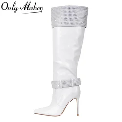 Onlymaker Women Pointed Toe White Matte Knee High Boots Stiletto Fashion Rhinestone Long Boots