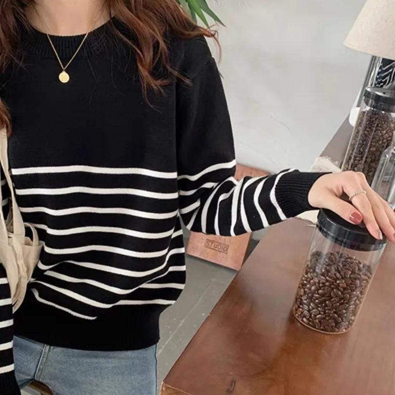 Autumn Striped Knitted Loose Large Size Sweater Wool Women Pullover Tops Long Sleeve Casual Cashmere Streetwear Female Spring