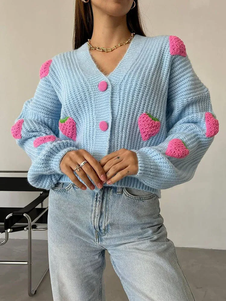 Sweet Strawberry Embroidery Cardigans Women Autumn Winter New V Neck Buttons Long Sleeve Knitted Tops Fashion Y2K Loose Sweaters