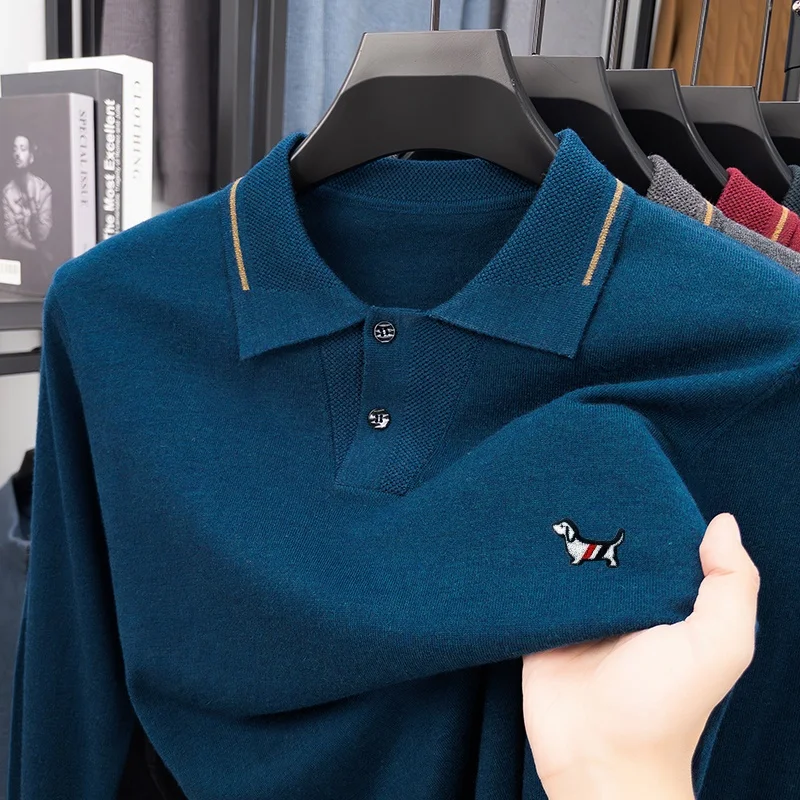 

Hot Selling Original Quality Men's Knitted Sweater Soft New Arrival Cartoon Dog Print Lapel Pullover Winter Business Menswear