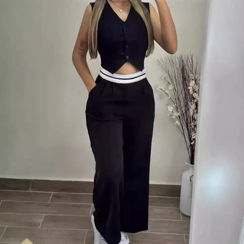 Elegante zweiteilige Sets mit V-Ausschnitt, geknöpftes Weste, ärmelloses Oberteil und hoher Taille, Tasche, gerade Hose, lässige Streetwear-Hosen-Sets 2025,