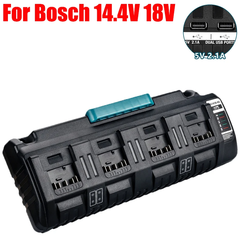 4-port Fast Charger Lithium Battery Charger for Bosch 14.4–18V Lithium Batteries with USB Port Supports Mobile Phone Charging
